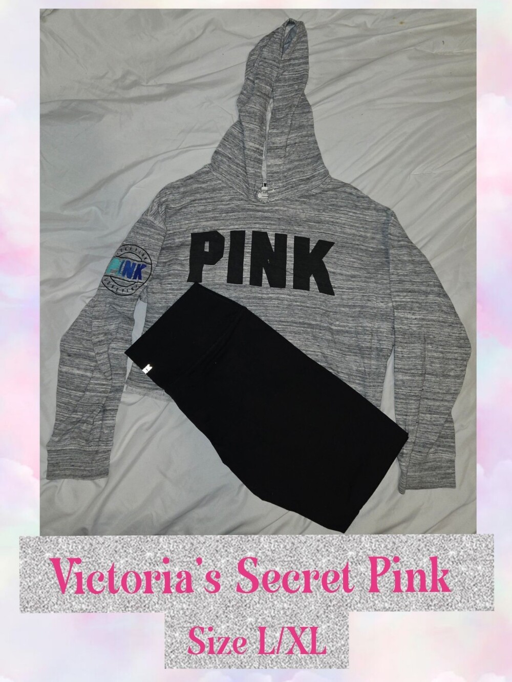 PINK Victoria's Secret Gray Hoodie & Black Leggings Sz L/XL